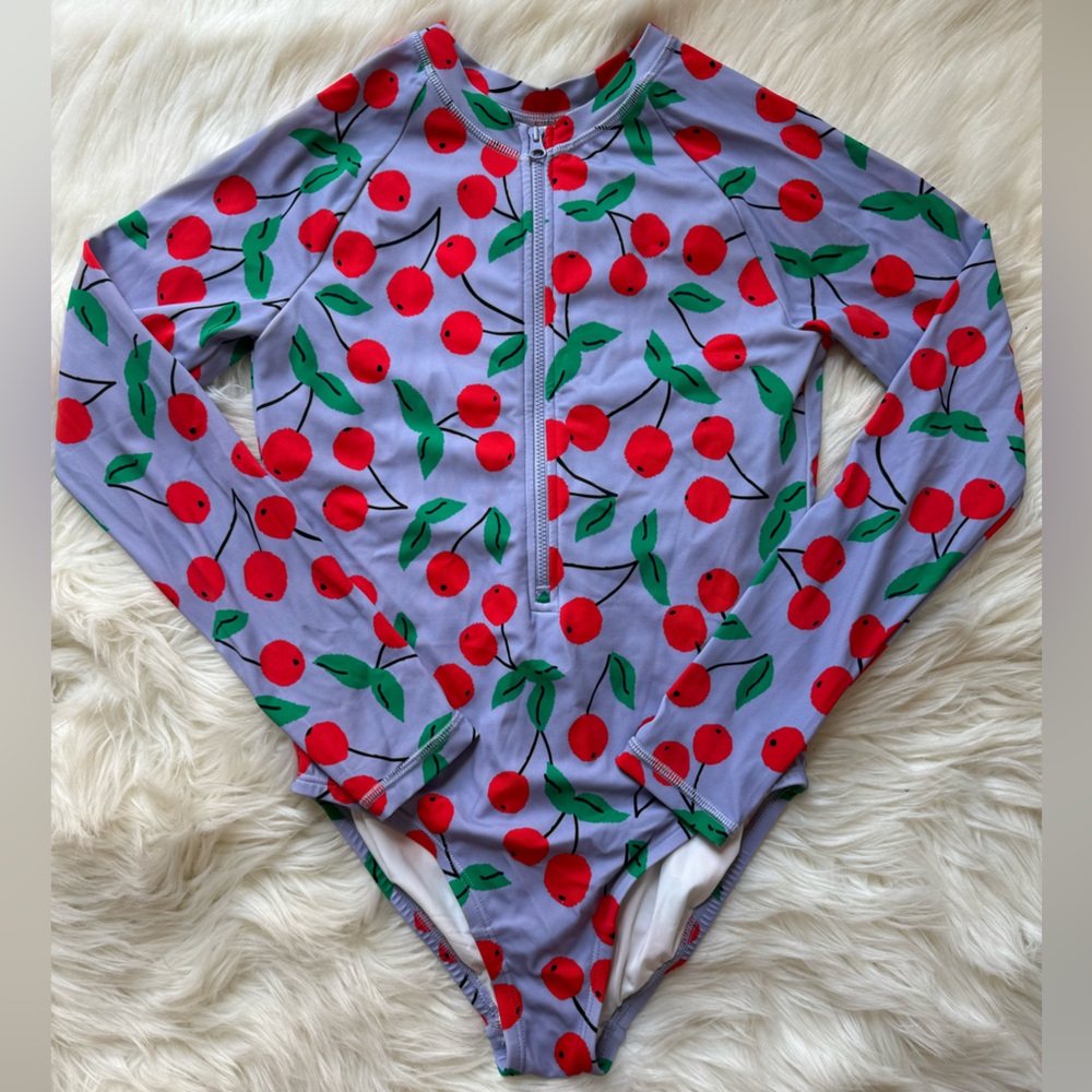 Hanna Andersson Girls Size 12 Cherry Cheer Purple  Long Sleeve Zip Up Swimsuit